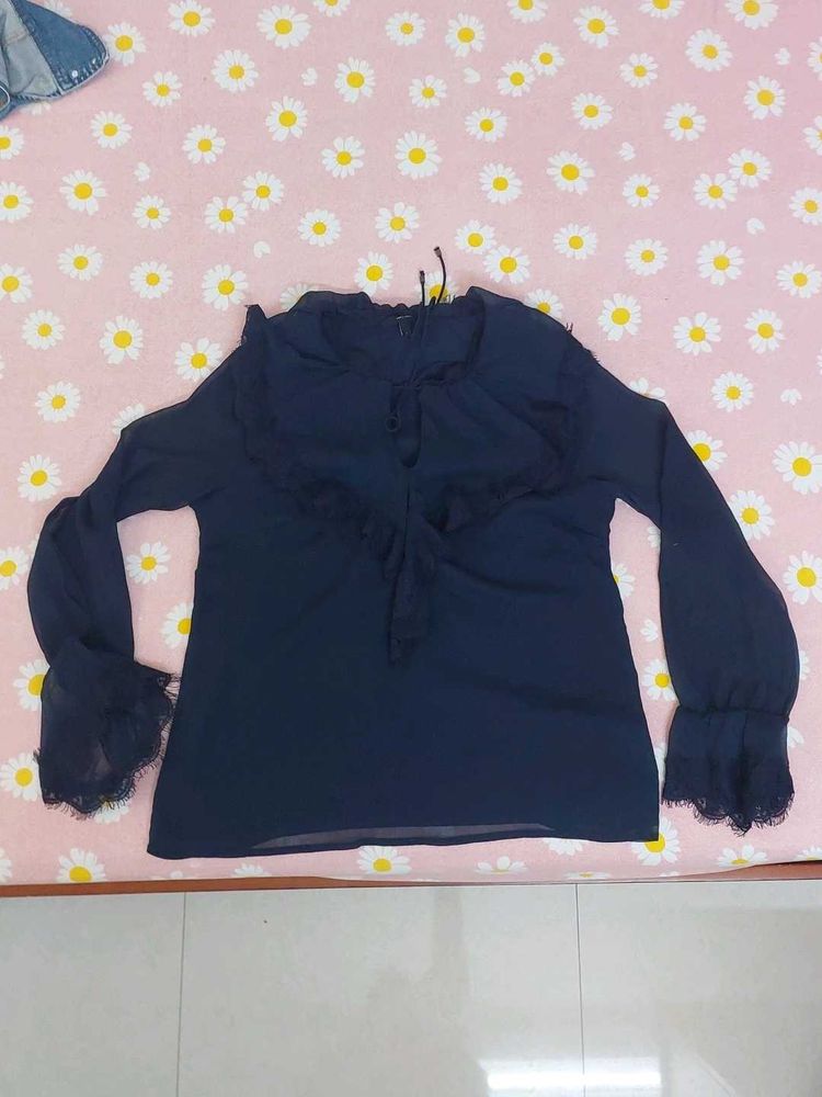 Elegant Navy Blue Ruffle Blouse