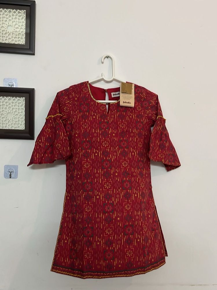 Maroon Printed Kurta with Bell Sleeves