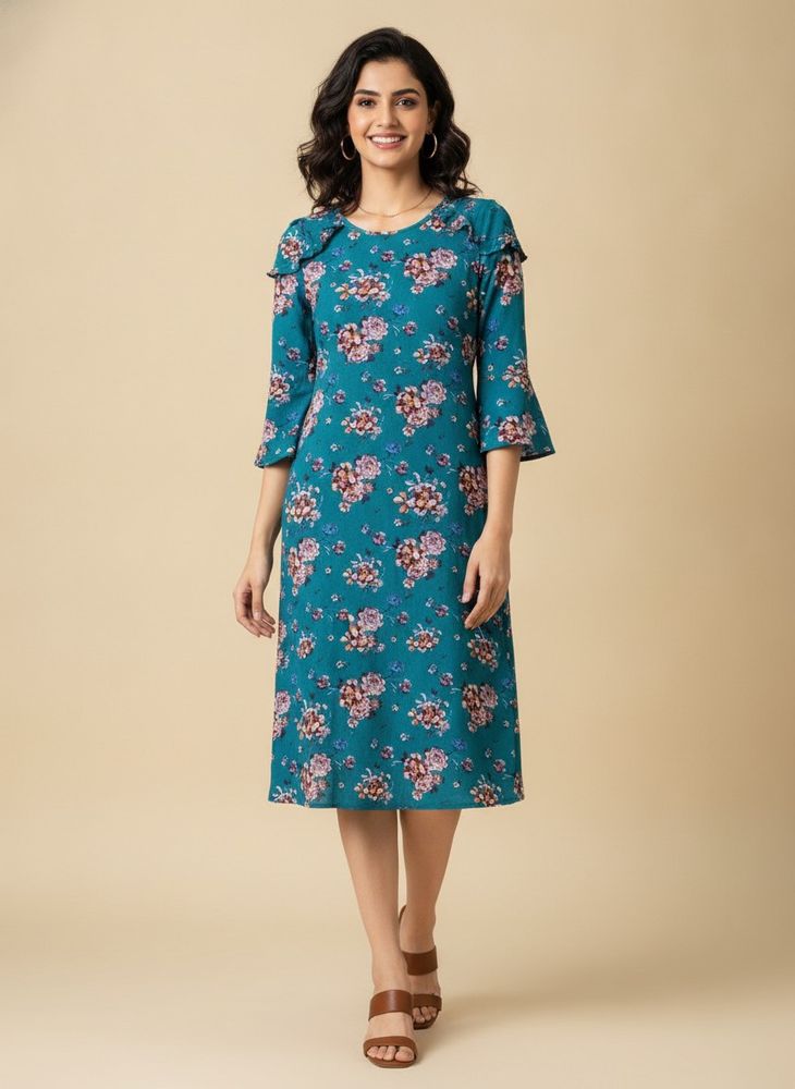 Teal Floral Print Bell Sleeve Dress
