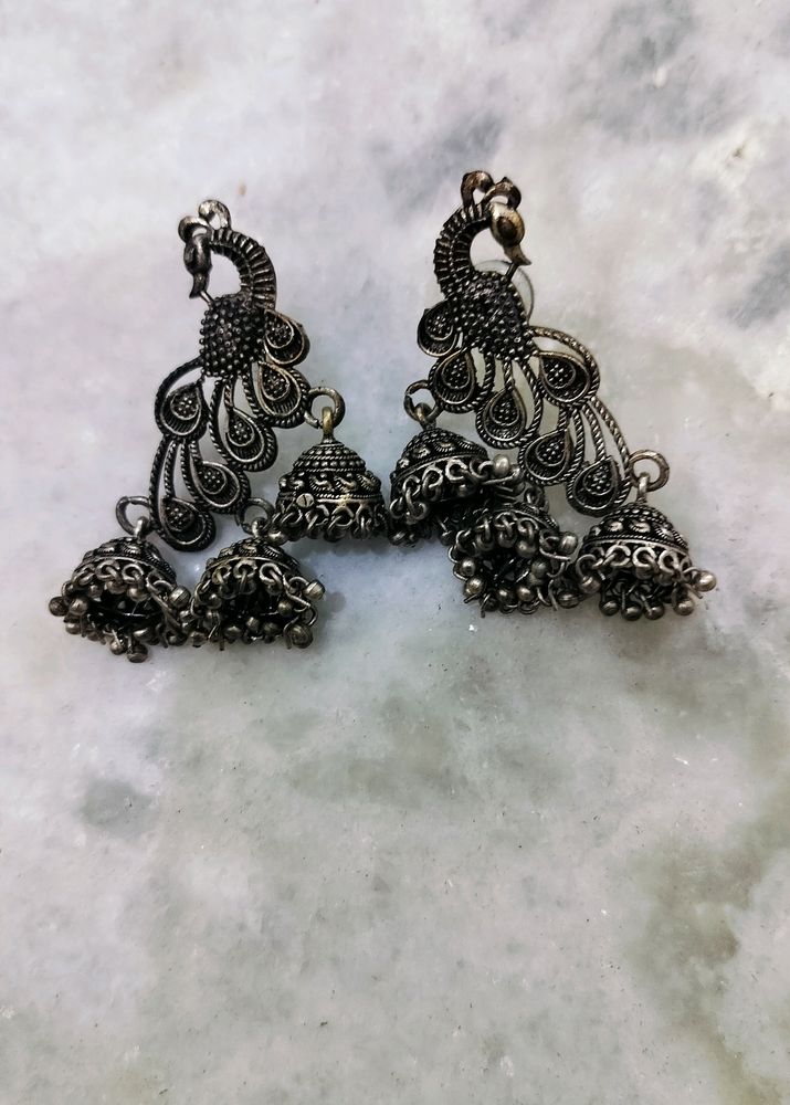 Pair Of Oxidised Peacock Jhumkis