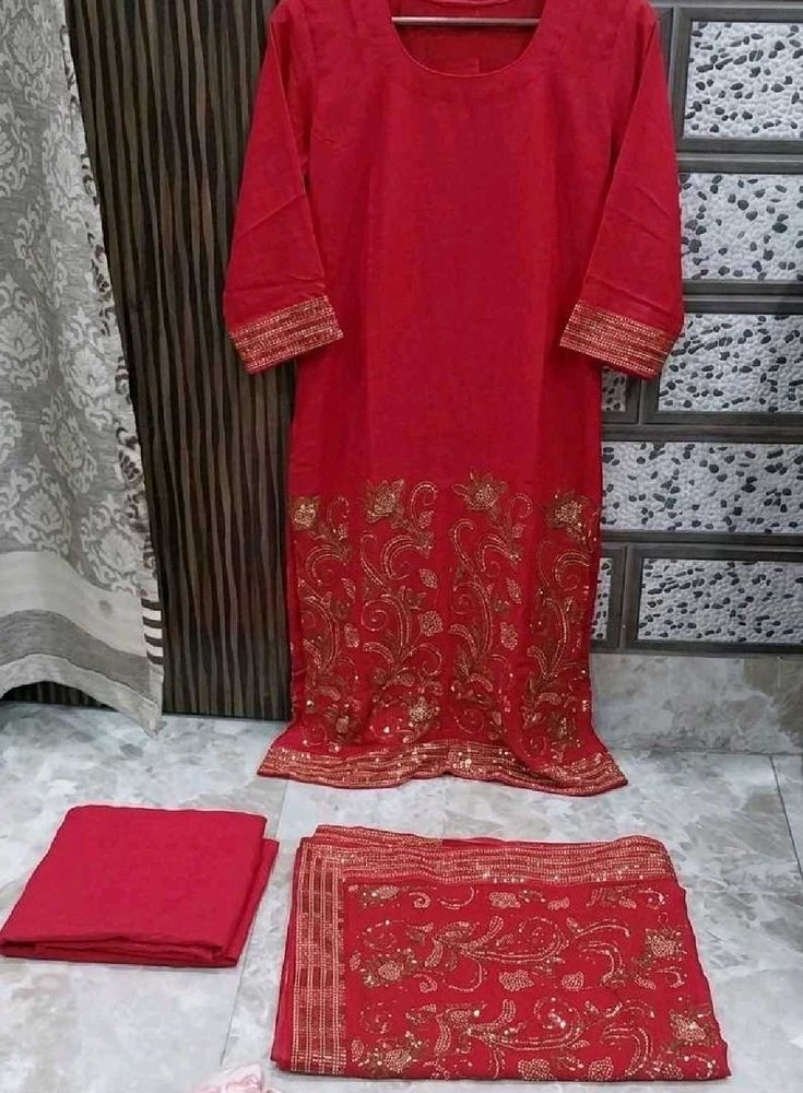 heavy Red Embroidered Kurta Set