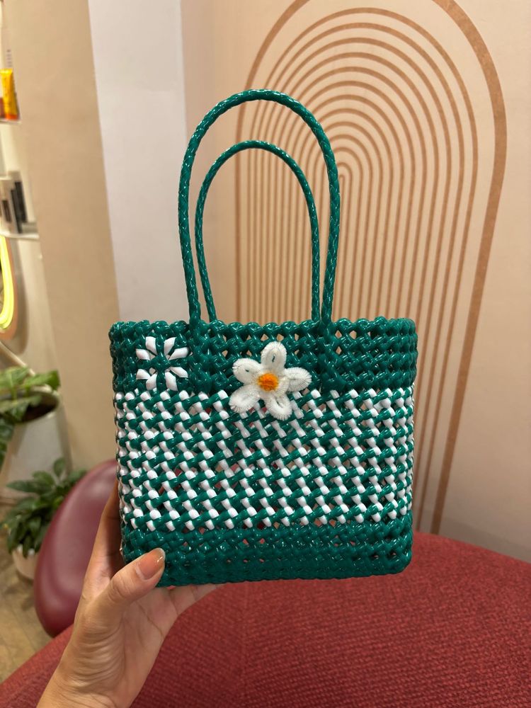 Green Woven Tote Bag with Flower