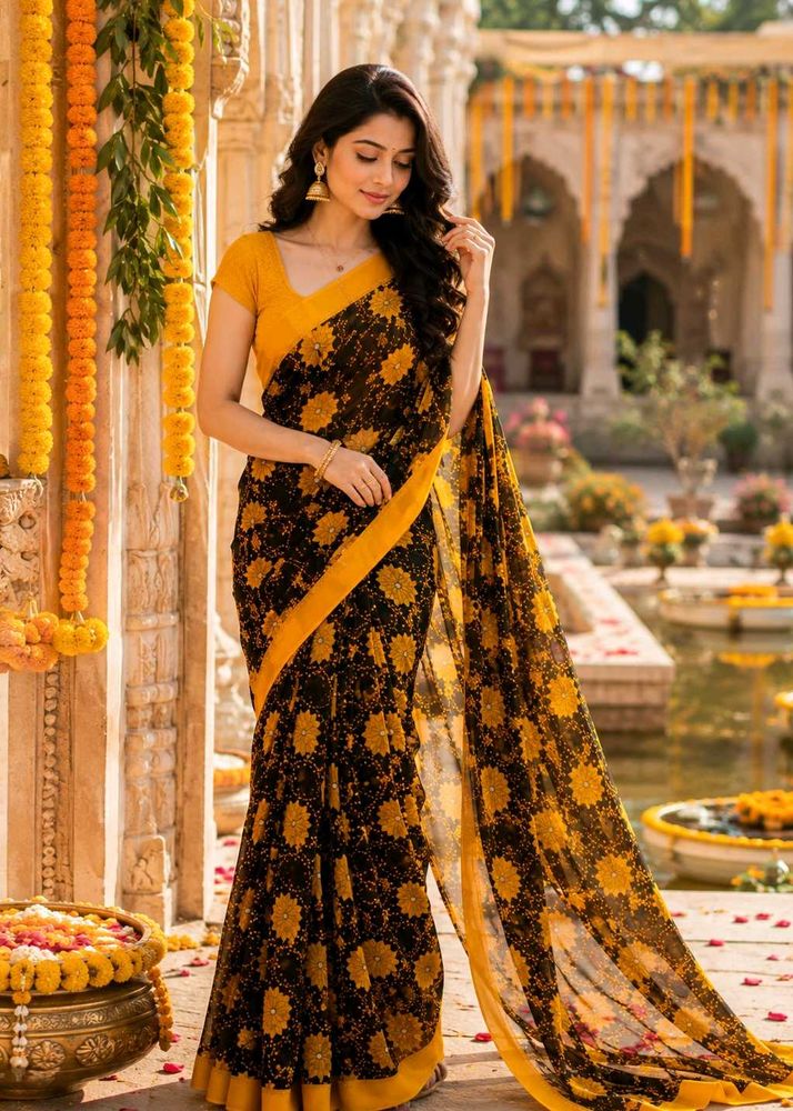 Elegant Black &amp; Yellow Floral Saree