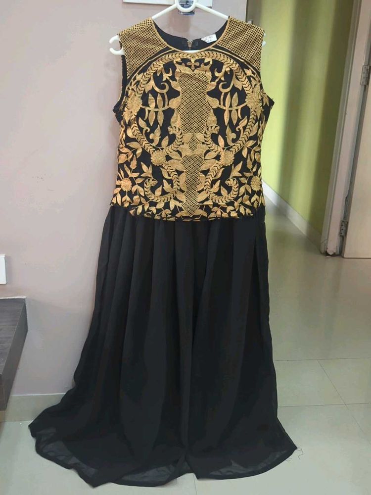 Elegant Black &amp; Gold Embroidered Gown