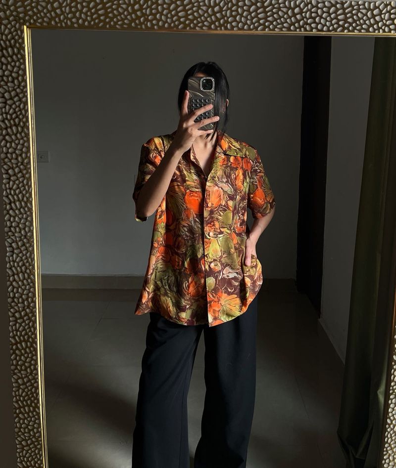 Vintage Orange Floral Print Shirt