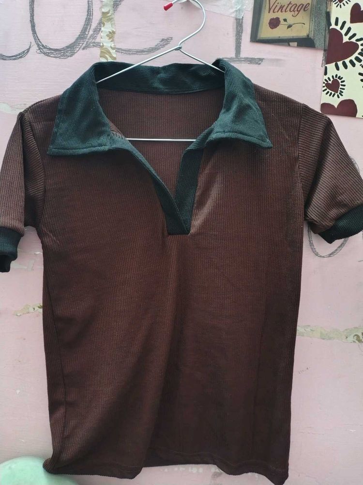 Brown Ribbed Collared Top