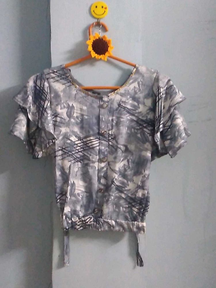 Grey Abstract Print Button-Up Top