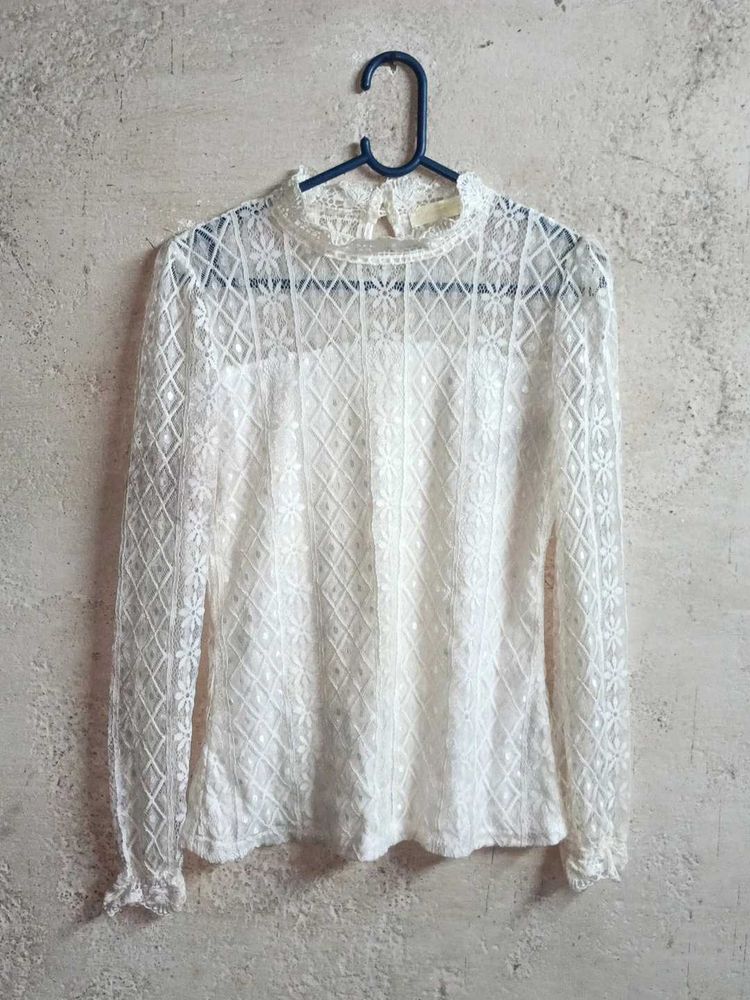 Elegant White Lace High Neck Top Layered