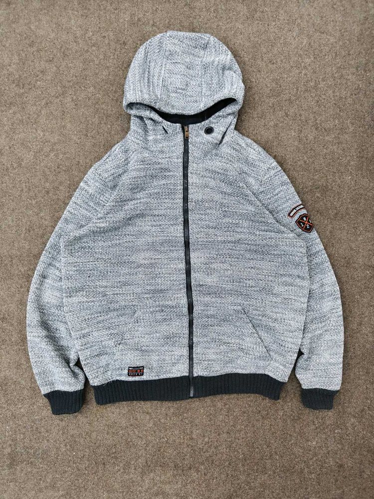 Men's Grey Knit Zip-Up Hoodie