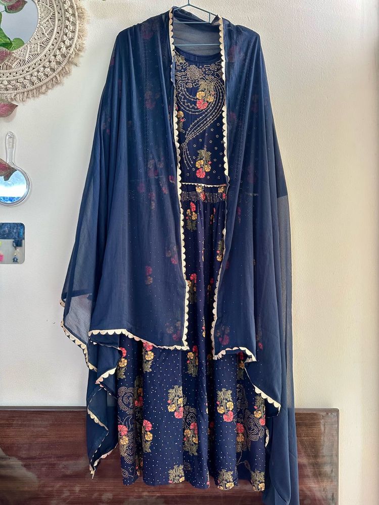 Navy Blue Nyra Cut Suit Palazzo set &amp; Lace chunni