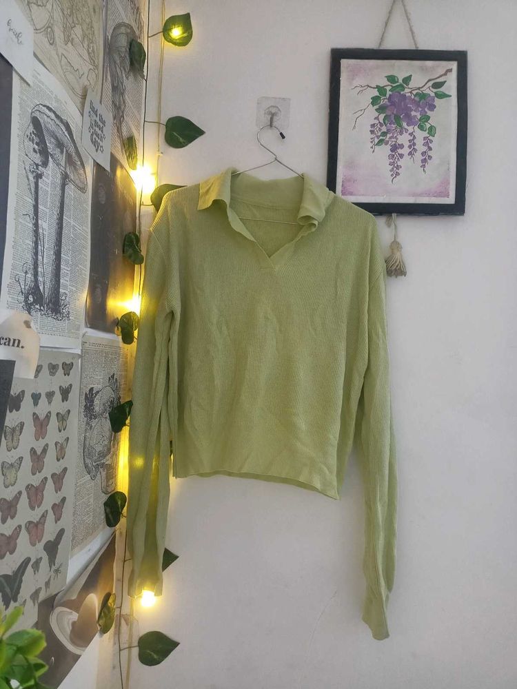 Lime Green Collared Long Sleeve Top