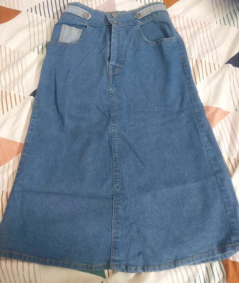 Classic Blue Denim Midi Skirt