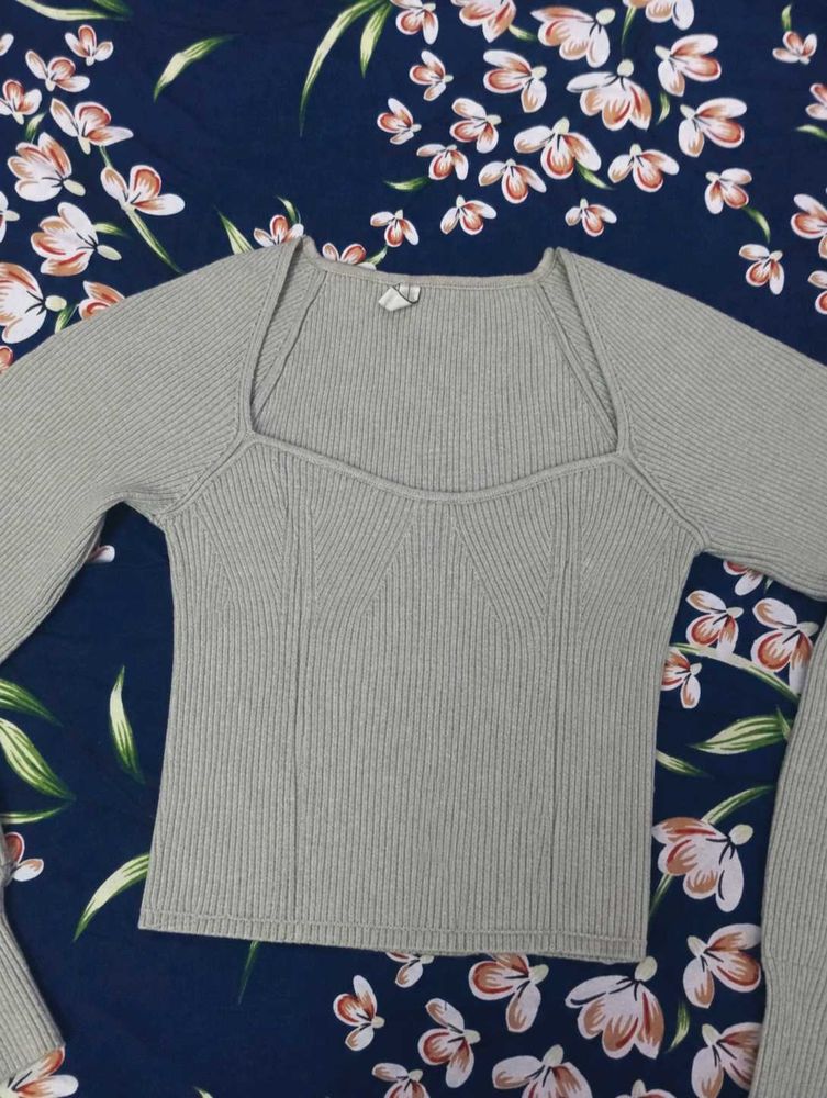 Ribbed Square Neck Long Sleeve Top