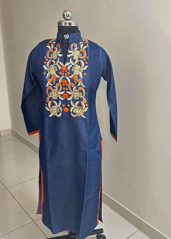 Denim Kurta with Floral Embroidery