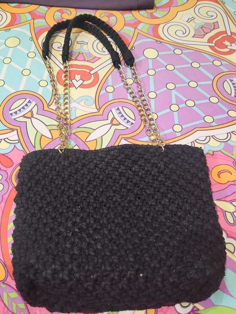 Chic Black Crocheted Shoulder Bag