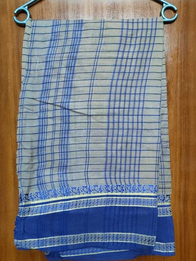 Blue &amp; Grey Checked Saree