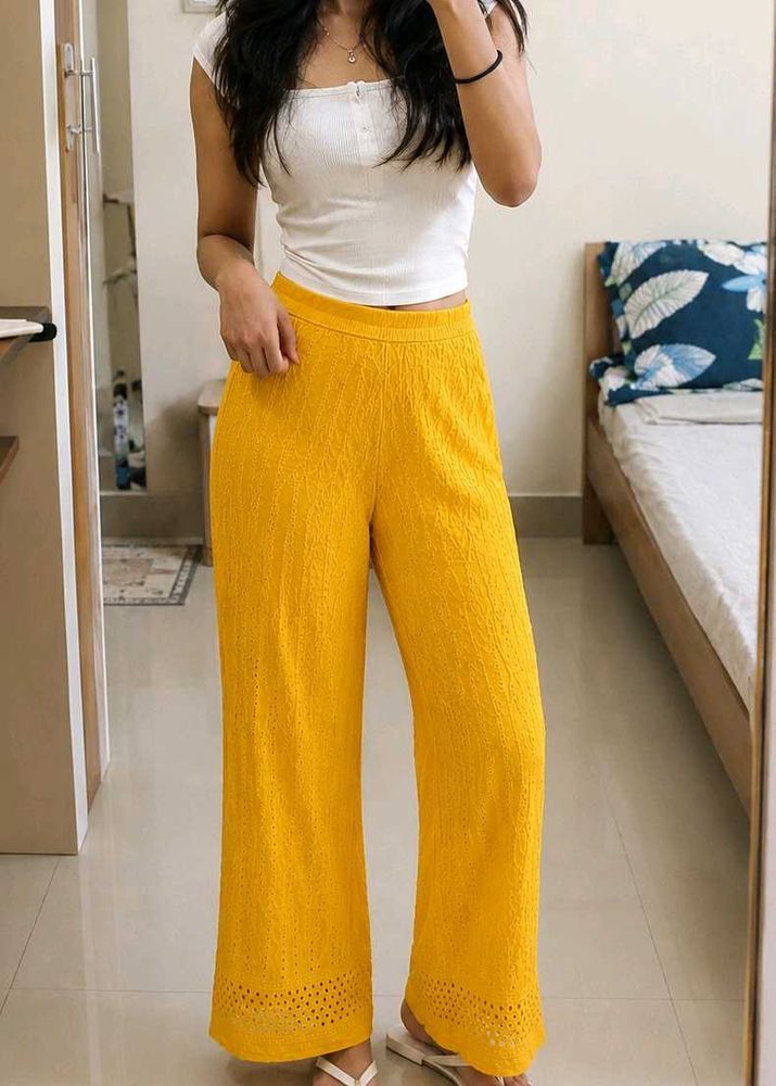 Yellow Wide Leg Textured Pants