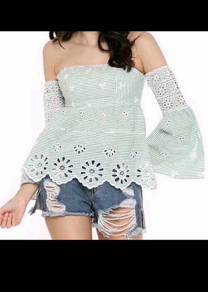 Green Striped Off-Shoulder Top