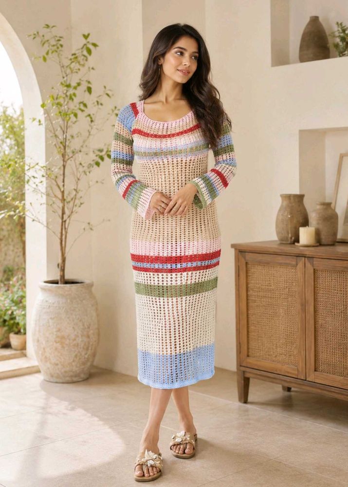 Crocheted Striped Midi Dress