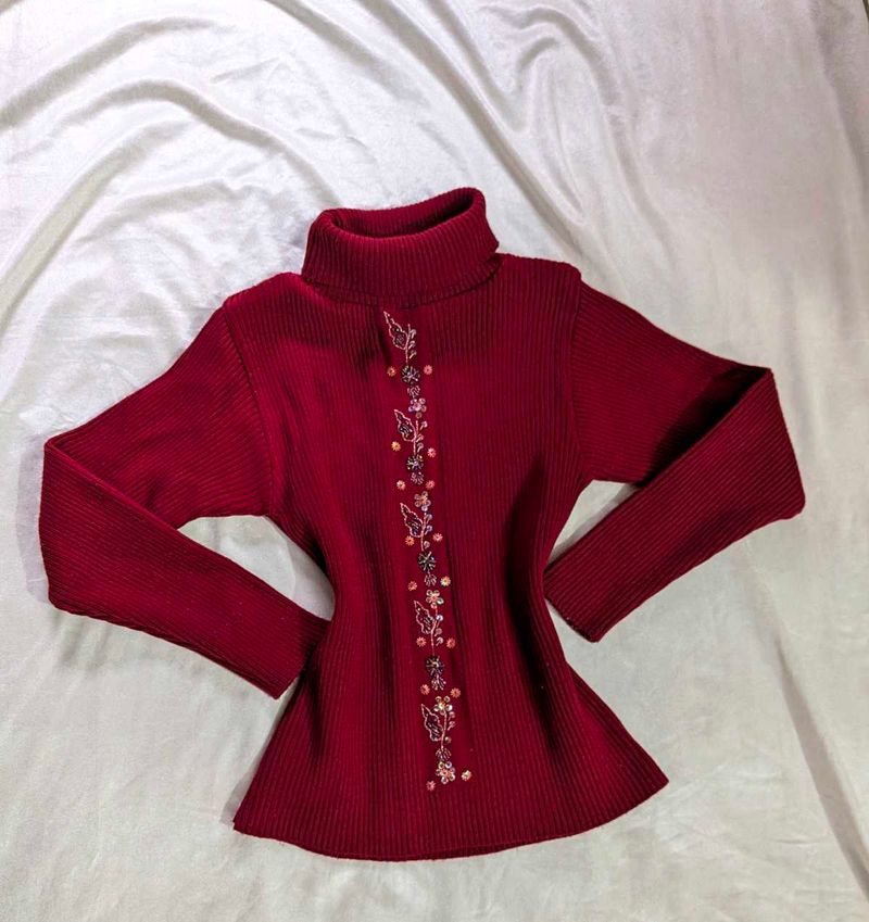Embellished Burgundy Turtleneck Sweater