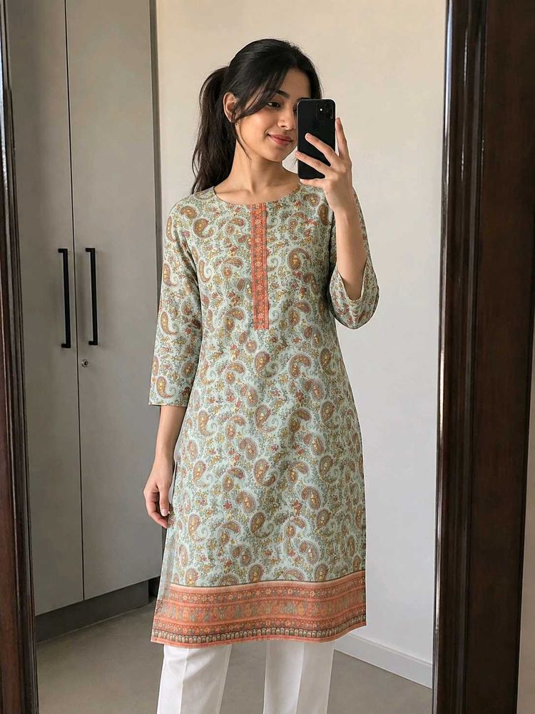 Paisley Print Kurta with Orange Border