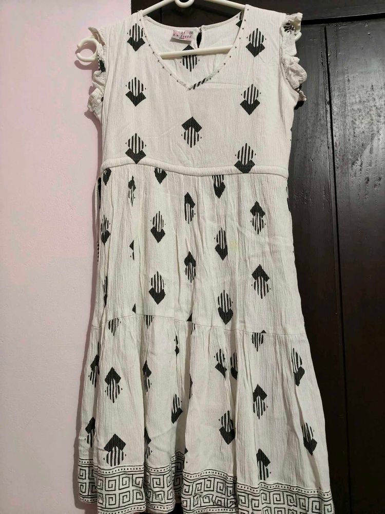 White Ethnic Printed Tiered Dress