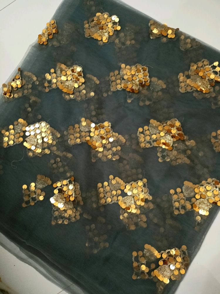Grey Embroidered Soft Net Fabric