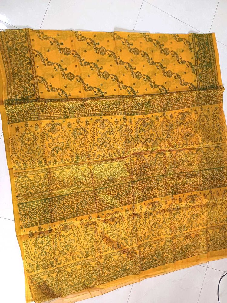 Yellow Organza Printed Saree