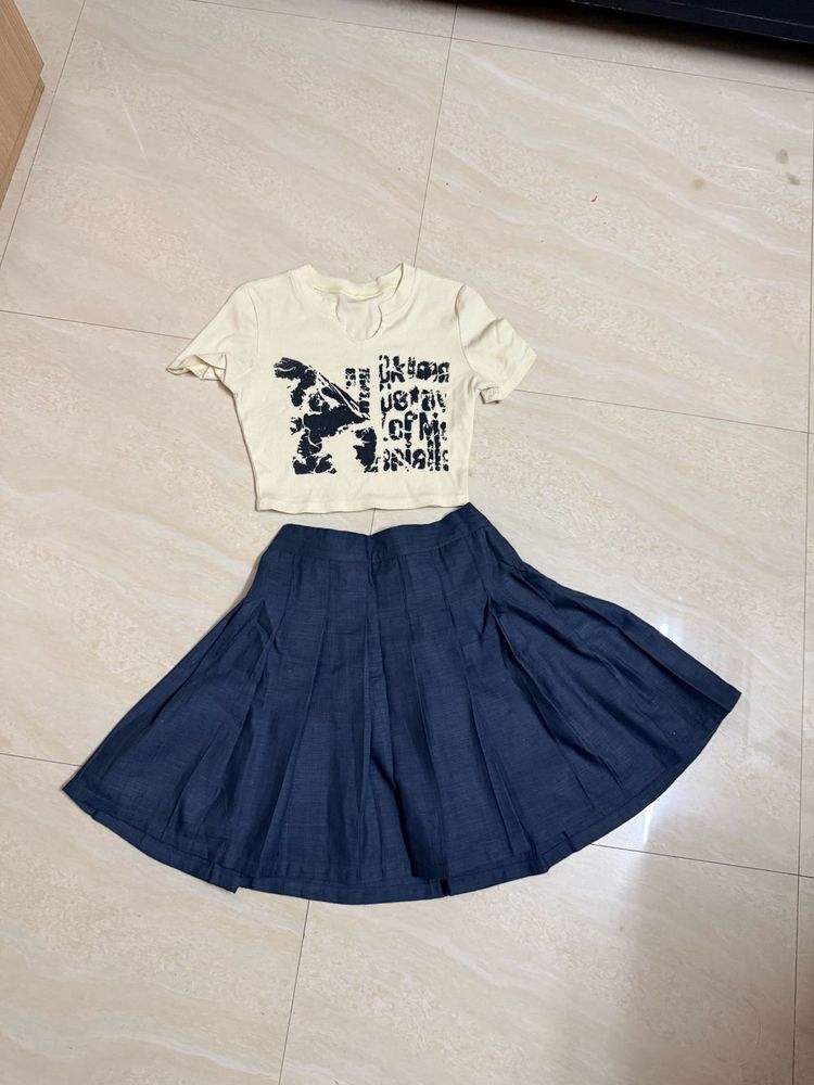 Graphic Print Crop Top &amp; Denim Skirt Set