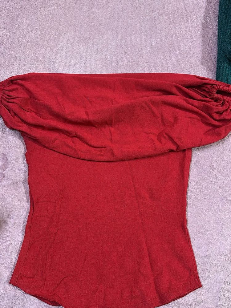 Zara Red Off-Shoulder Ruched Sleeve Top