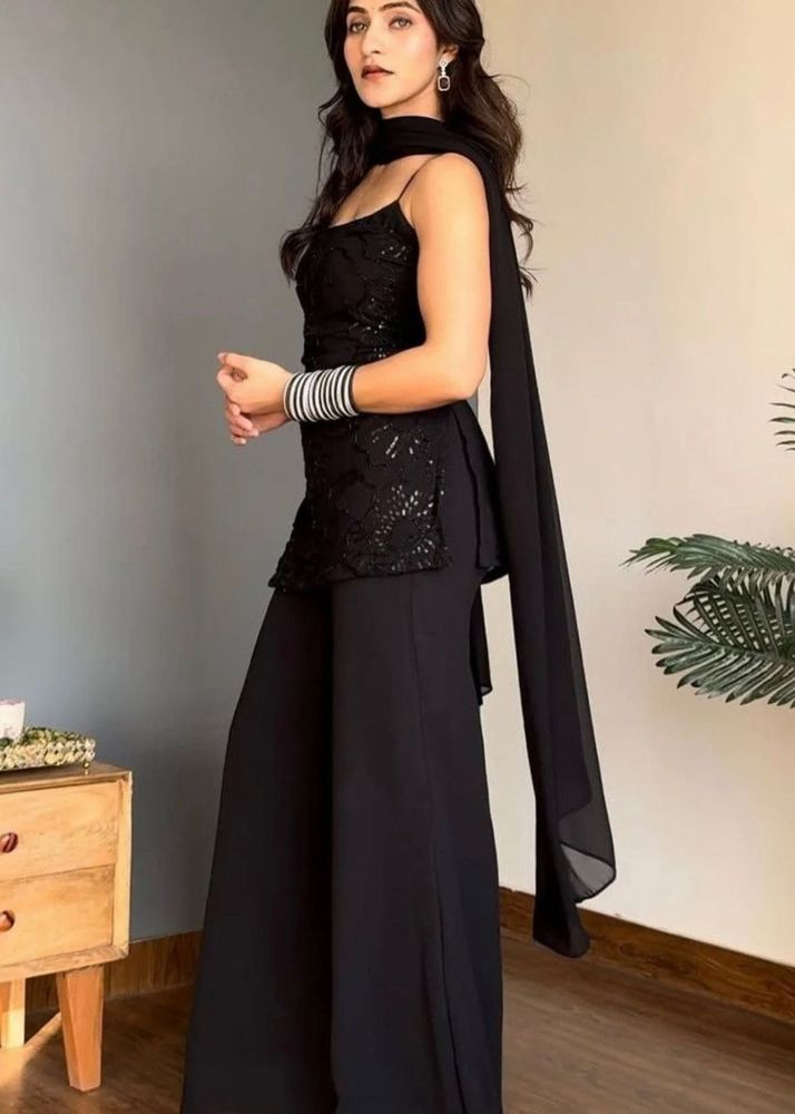 Elegant Black Sequined Kurta Set with Palazzo