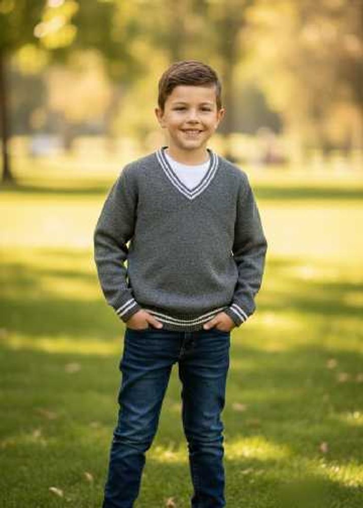 Gray V-Neck School Sweater