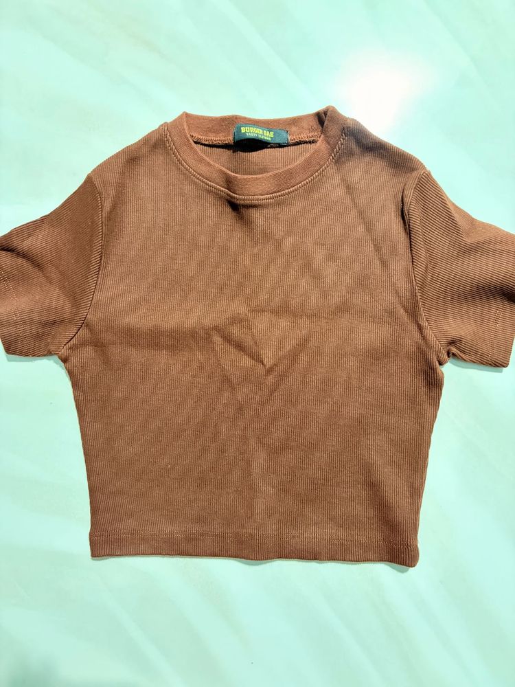 Burger Bae Brown Ribbed Cropped Top
