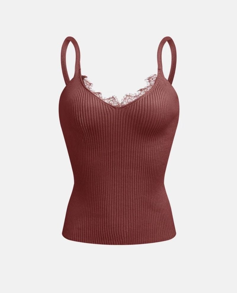 Y2K Ribbed Lace Trim brown Cami Top