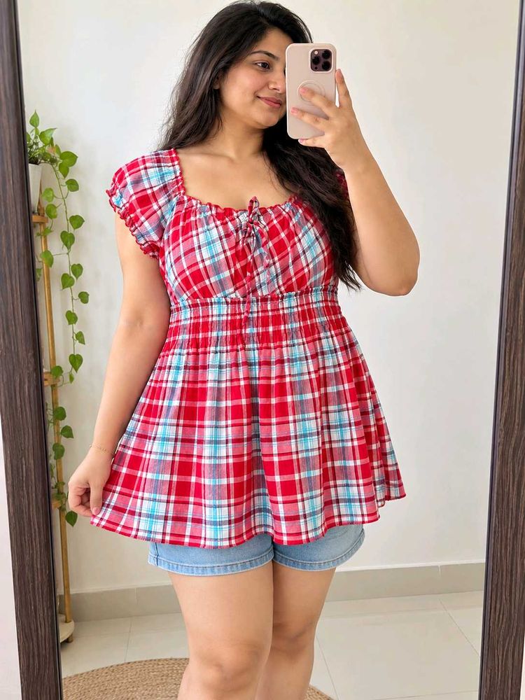 Chic Red Plaid Smocked Top Size M-L 38"-40"