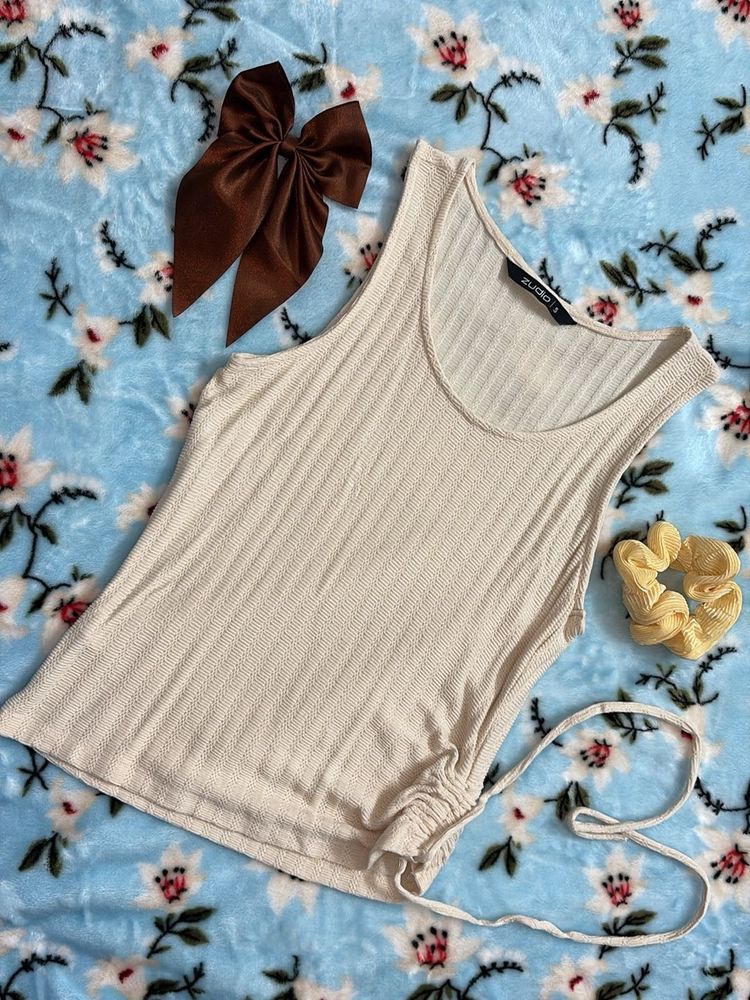 Zudio - New Cream Ribbed Tank Top with Drawstring