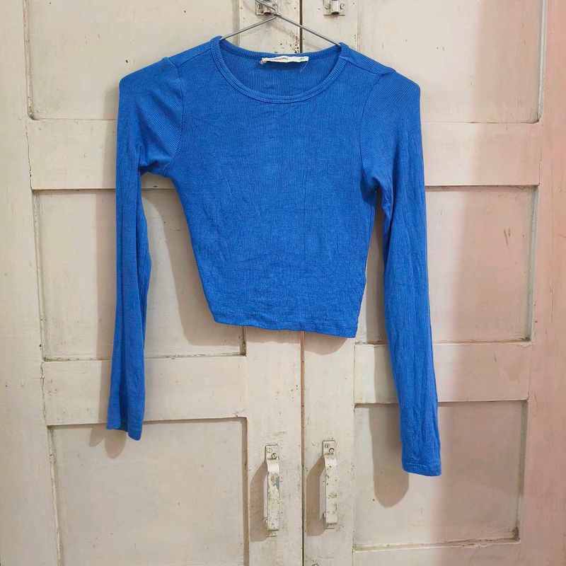Blue Ribbed Long Sleeve Cropped Top
