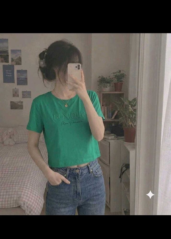 CLEARANCE SALE!💗Green "Bonjour" Cropped T-Shirt