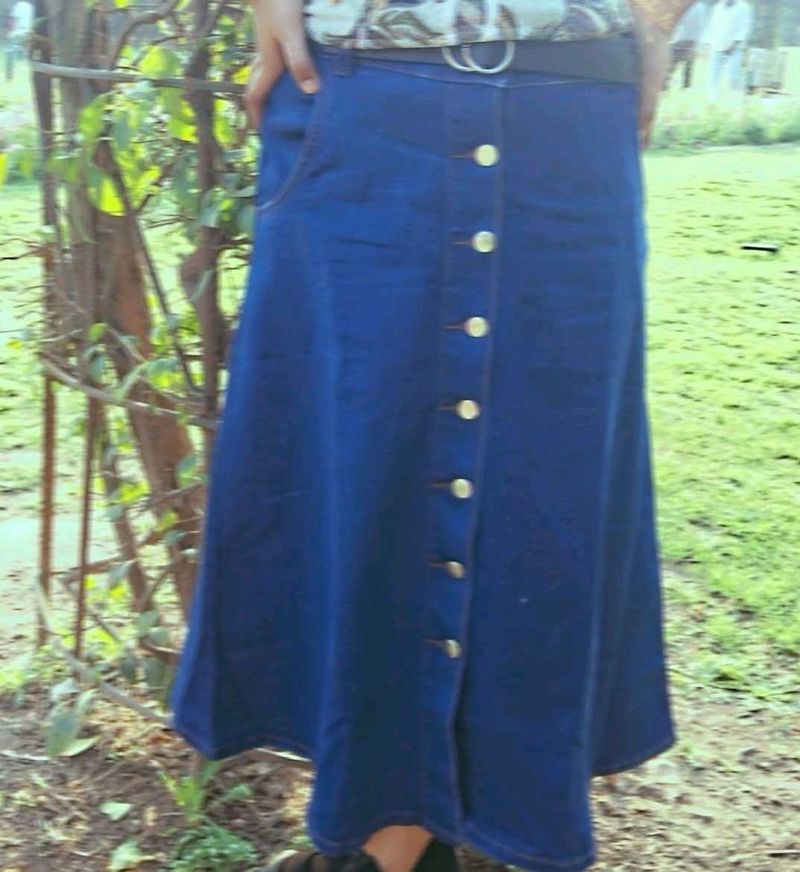 Blue Denim Maxi Skirt with Buttons