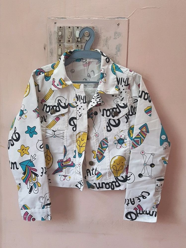 White Printed Denim Jacket