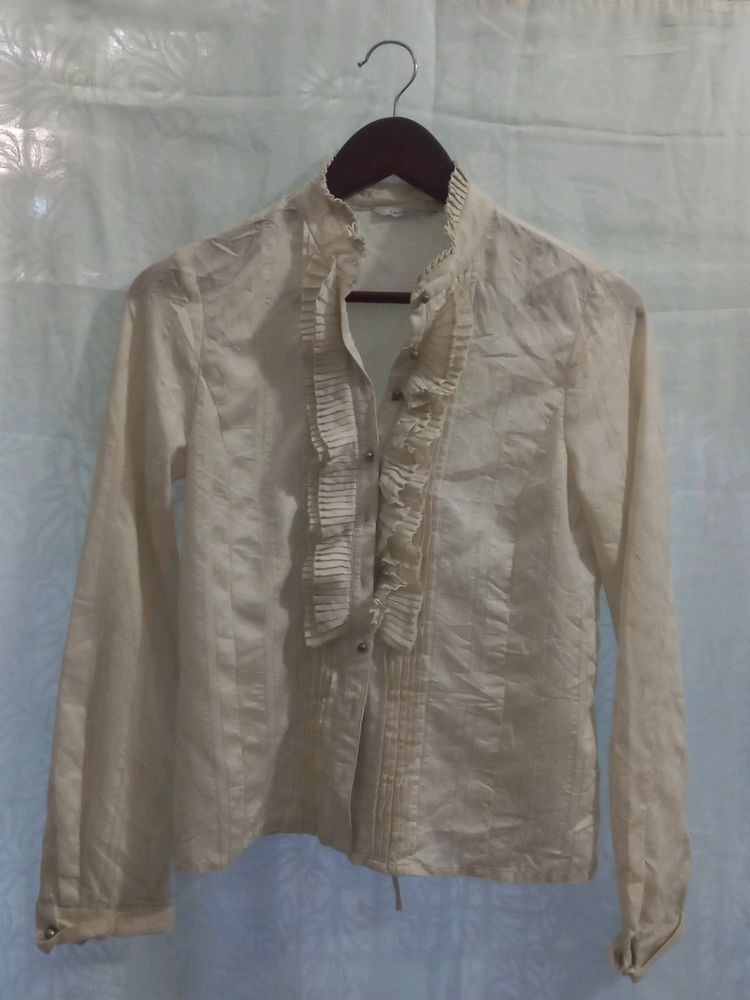 Off White Ruffled Top With Golden Buttons