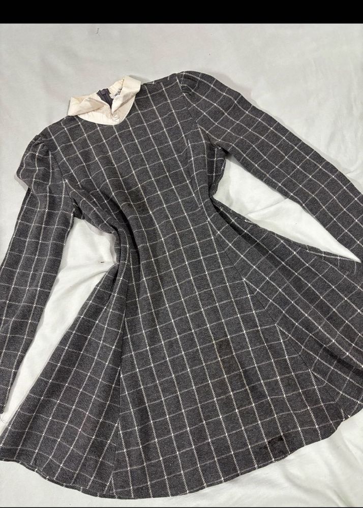 Chic Grey Plaid Long Sleeve Dress