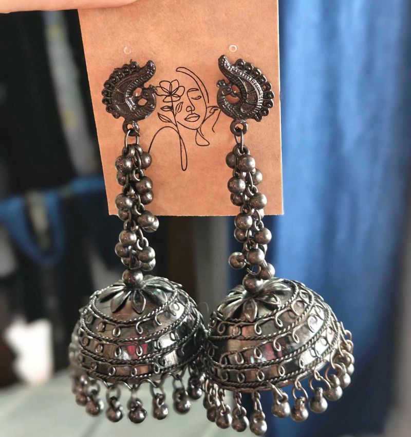 Exquisite Oxidized Silver Jhumka Earrings
