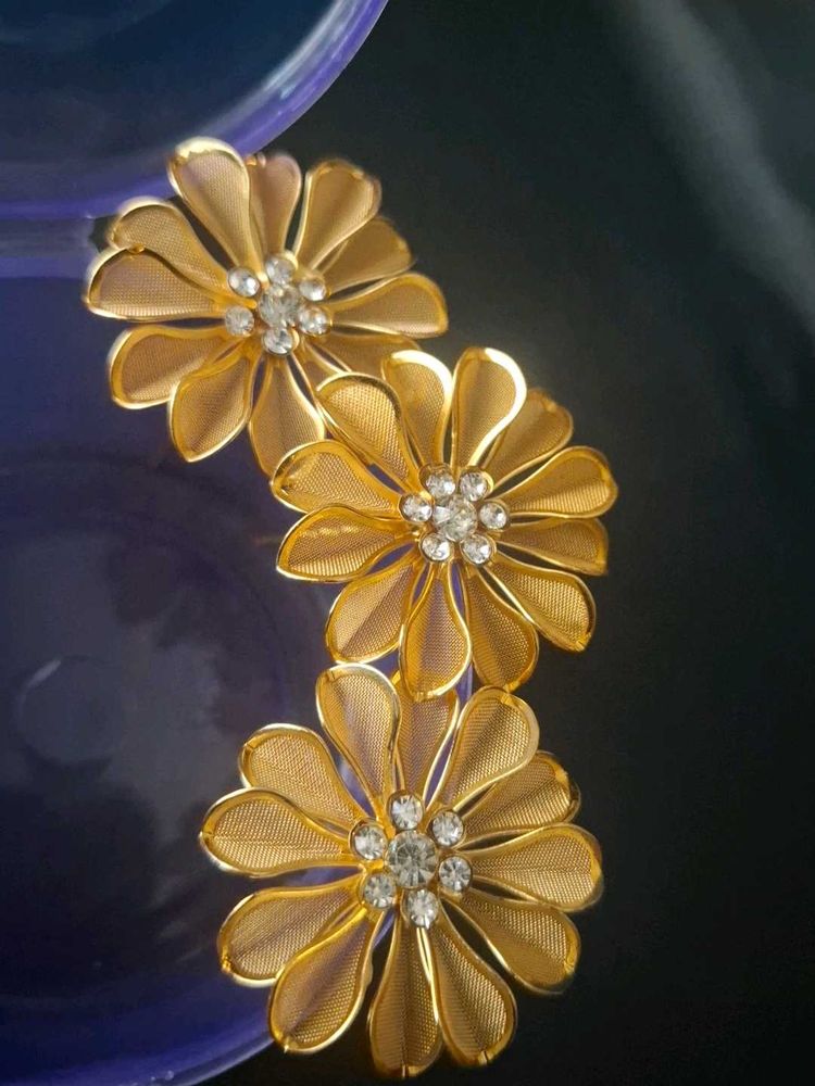 Gold Flower Brooch with Crystals