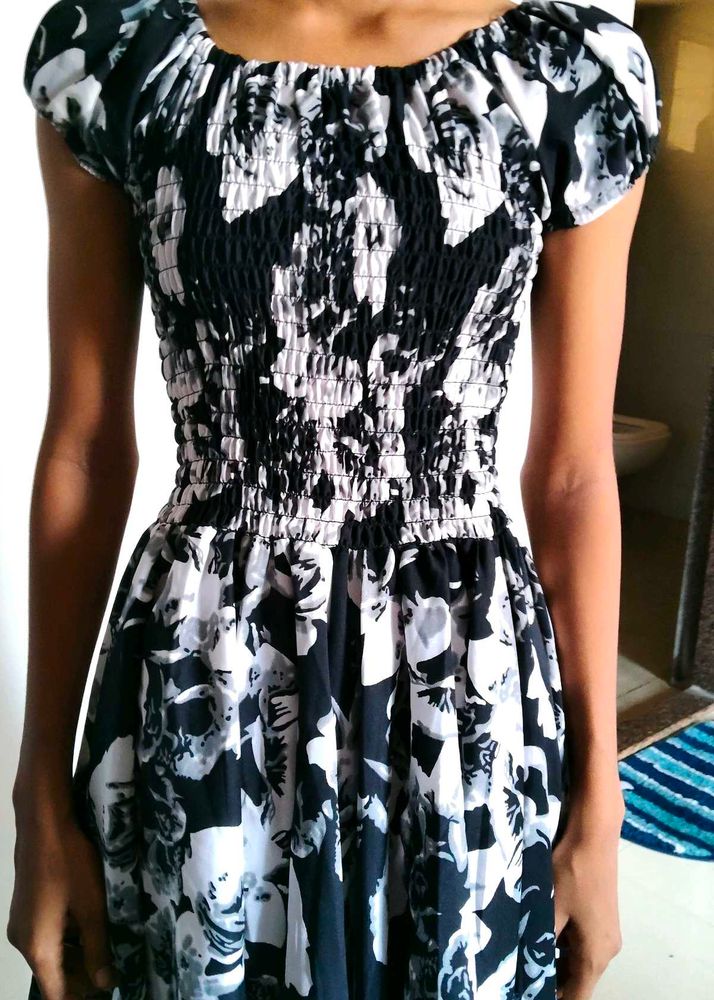 Black &amp; White Floral Smocked Dress