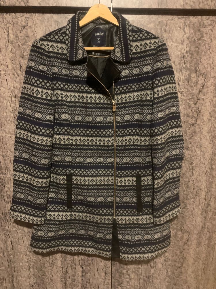 Woollen Long Coat With Stylish Chain And Bit Leather Front