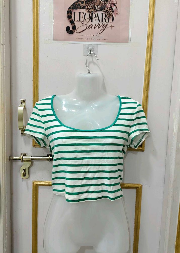 Green &amp; White Striped Cropped Top