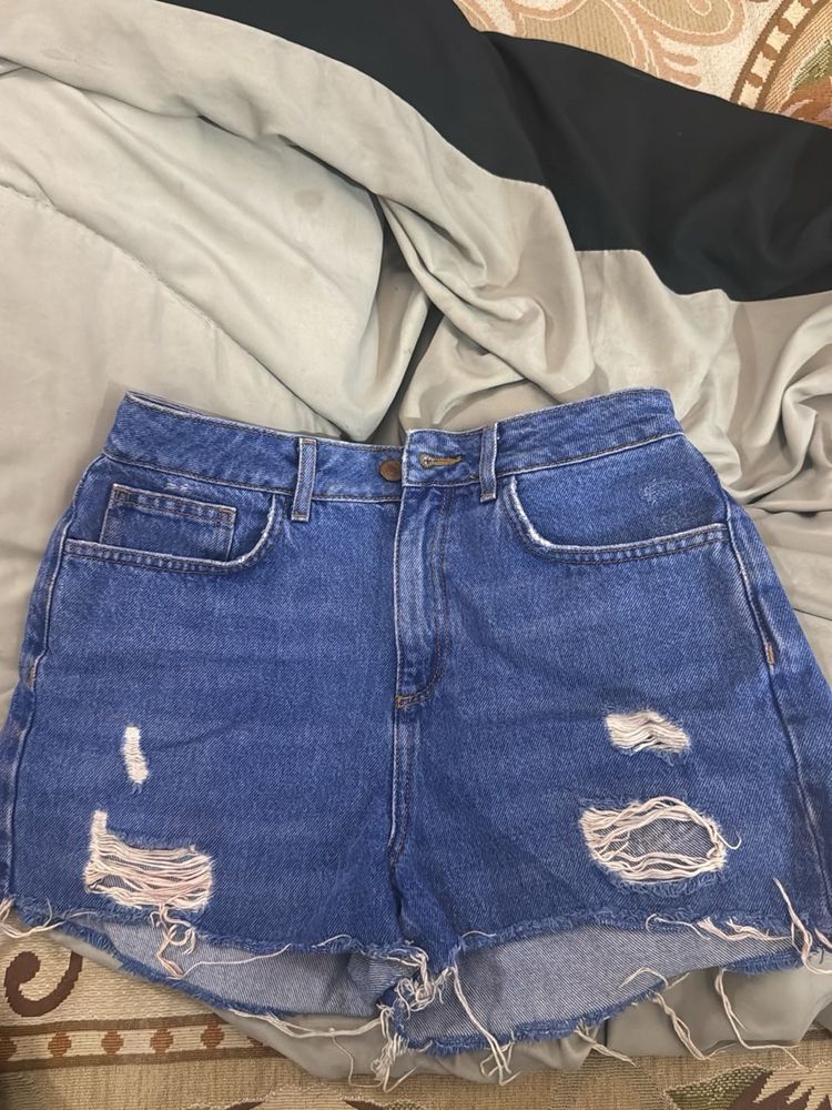 Blue Distressed Denim Shorts