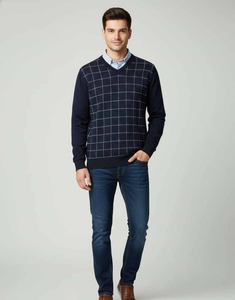 Men's Checked V-Neck Sweater