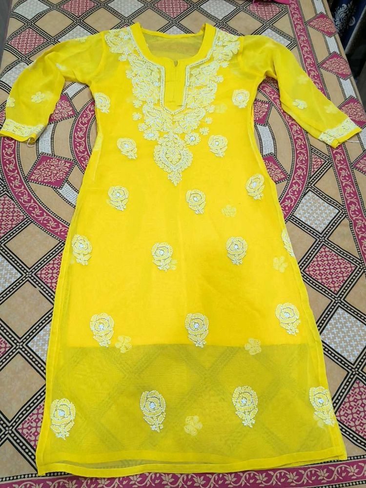 Yellow Chikan Embroidery Kurti